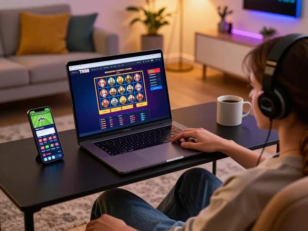 Engaging home gaming scene with TR88 online casino displayed on a laptop screen.