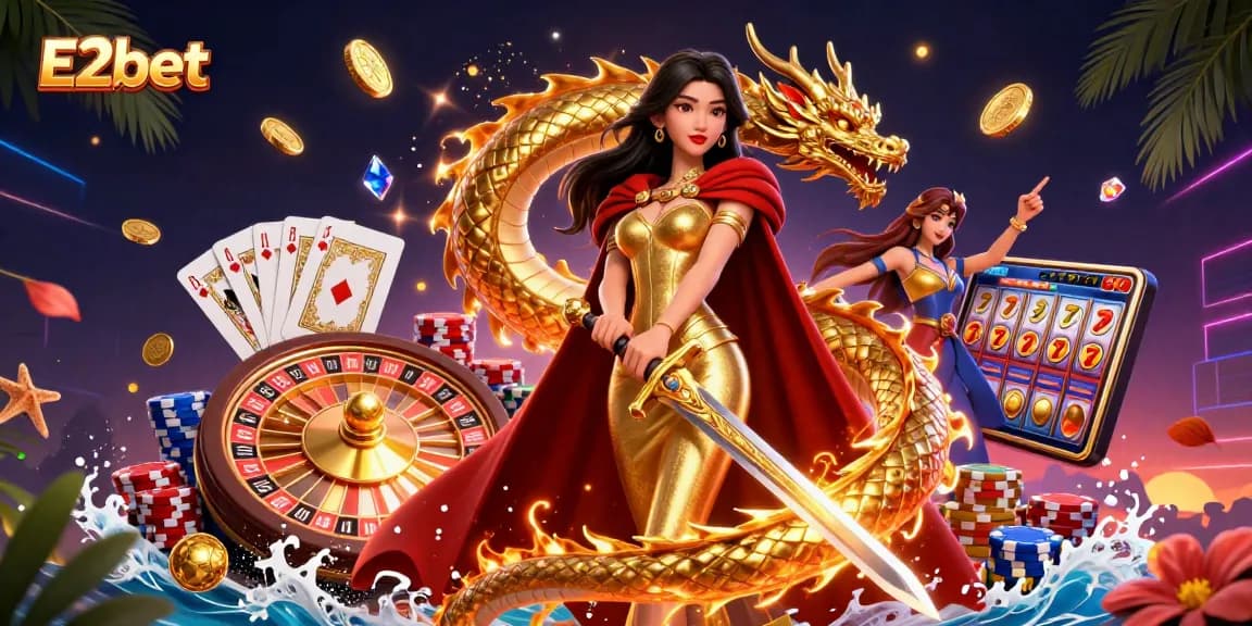 E2bet showcases an exciting scene of various games with dynamic characters and casino elements.