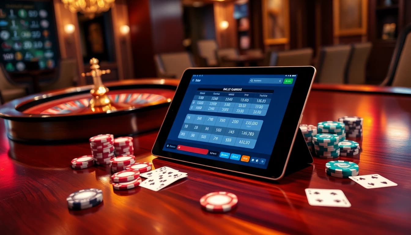 Sbobet link login displayed on a modern tablet surrounded by poker chips and cards at a luxurious casino table.