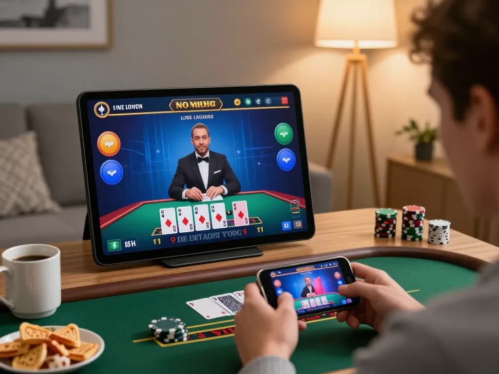 Win678 player enjoying live dealer baccarat on smartphone in cozy home setting
