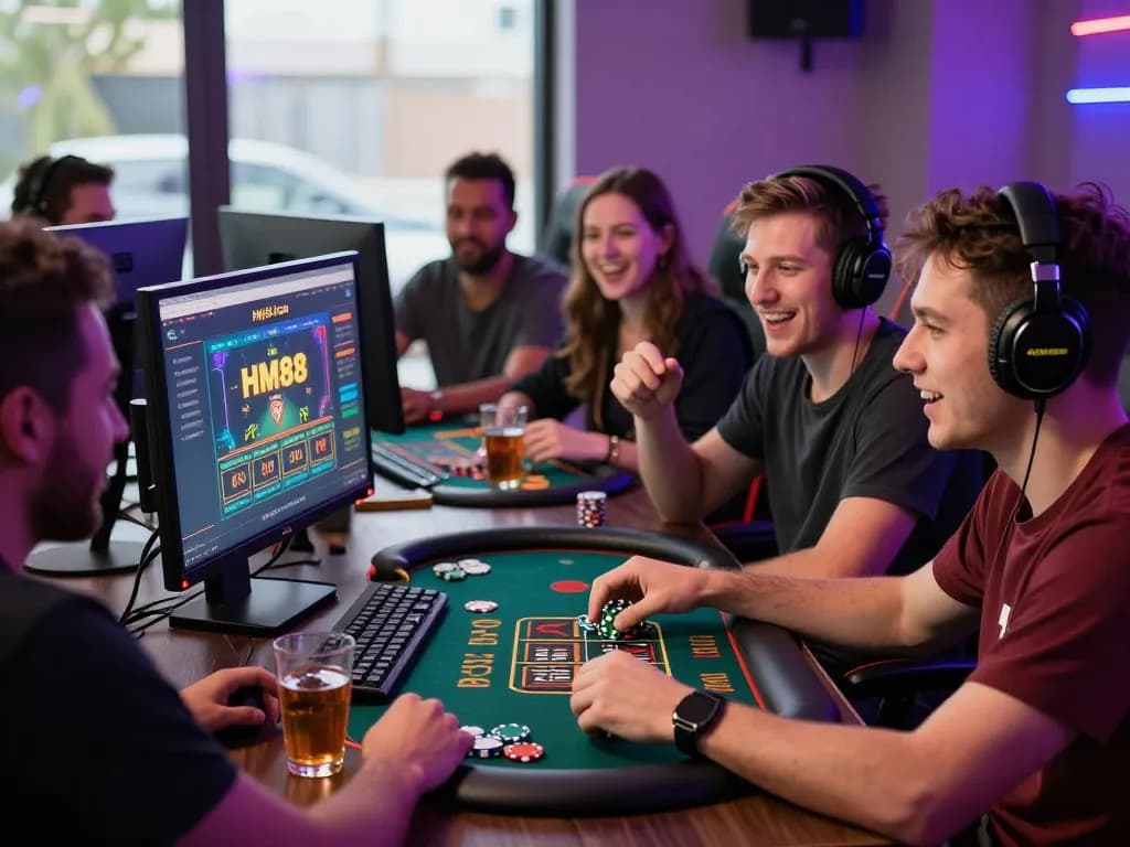 Exciting gaming moment on HM88 com with friends enjoying a live casino experience.