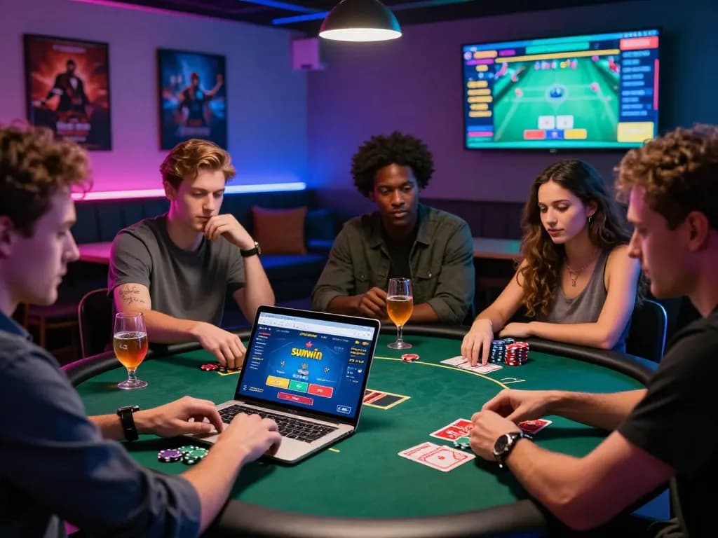 Friends enjoying the web sunwin gaming experience in a modern lounge, vibrant atmosphere and engaging digital platform.