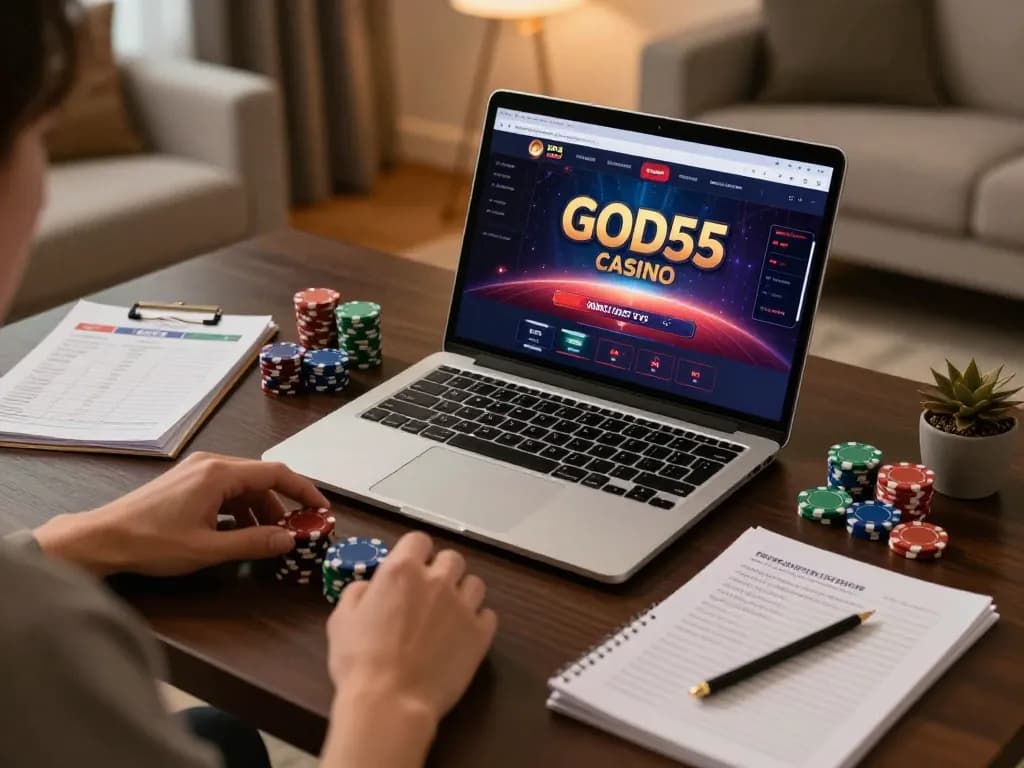 Engaging player using god55 casino website on laptop for immersive online gaming experience.