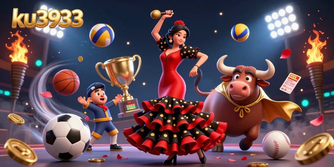 Experience the excitement of ku3933 with vibrant casino characters and dynamic sports betting elements.