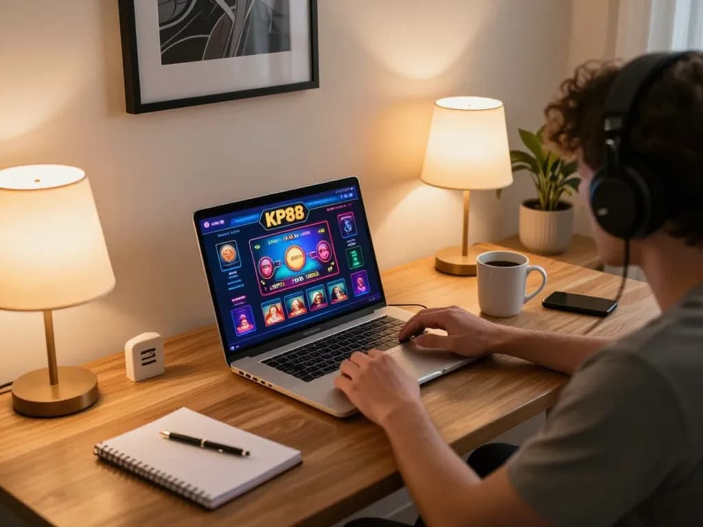 Player enjoying KP88 online casino gaming on a laptop in a cozy home environment.