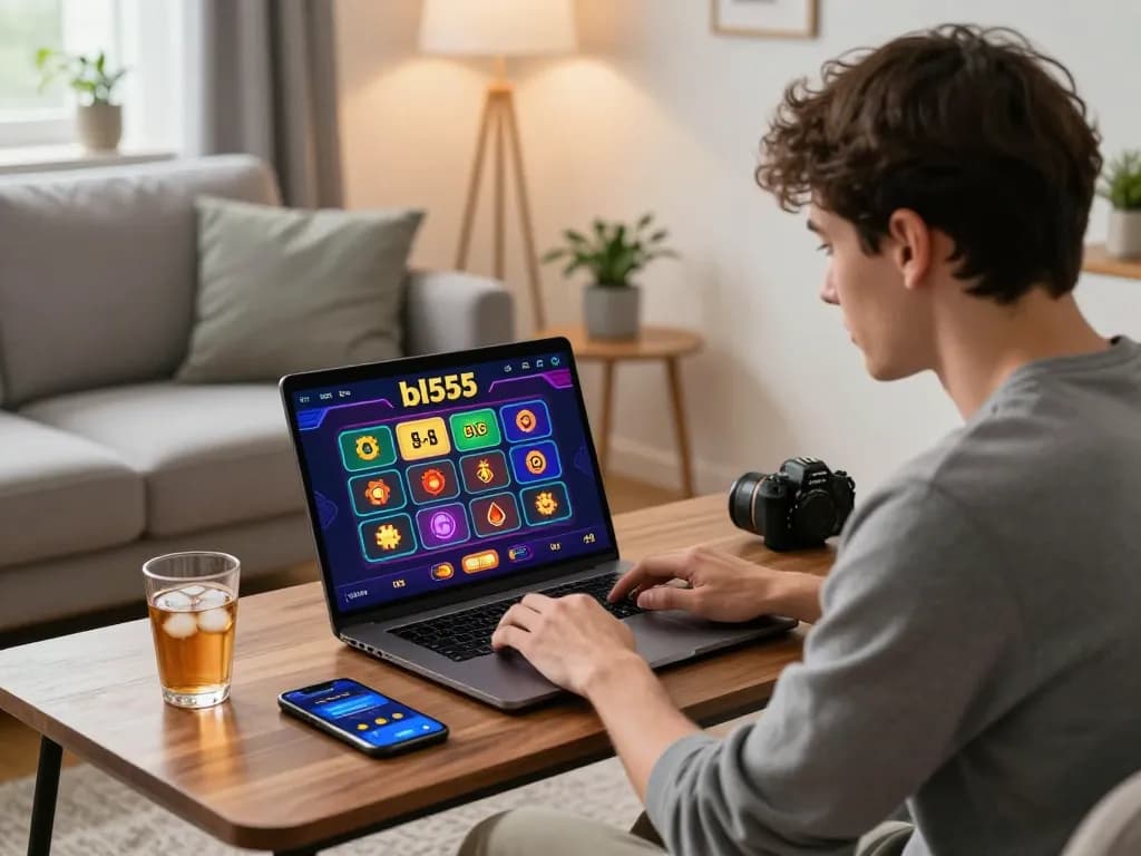 Engaged player using the bl555 online gambling platform in a cozy living room.