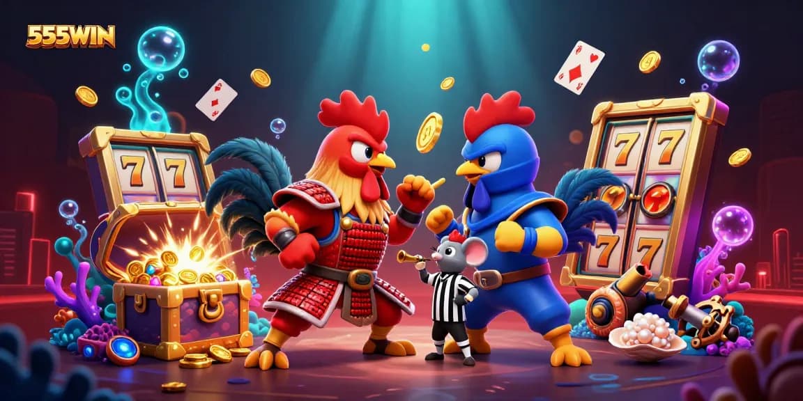 Experience thrilling action at 555WIN with roosters battling amidst slot games and treasures.