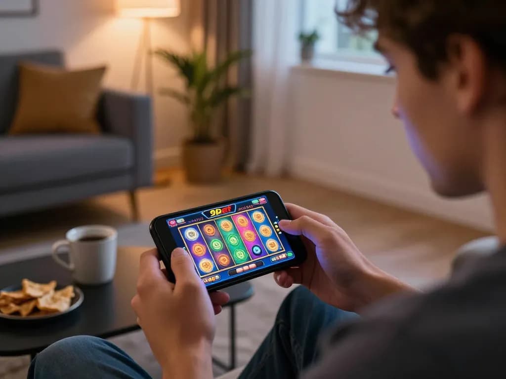 Player enjoying 9bet mobile casino games in cozy living room atmosphere.