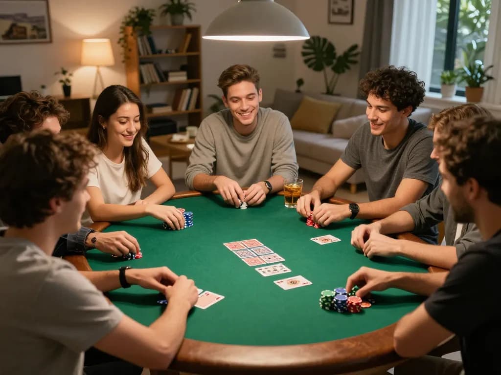 Friends enjoying a poker night at home while using MMOO for betting strategies and gameplay.