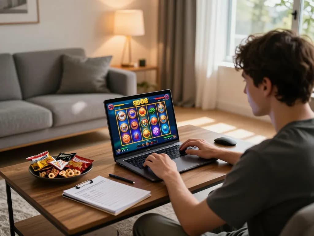 Engaged player enjoying the gg88 slot game on a sleek laptop in a cozy home setting, showcasing responsible gambling
