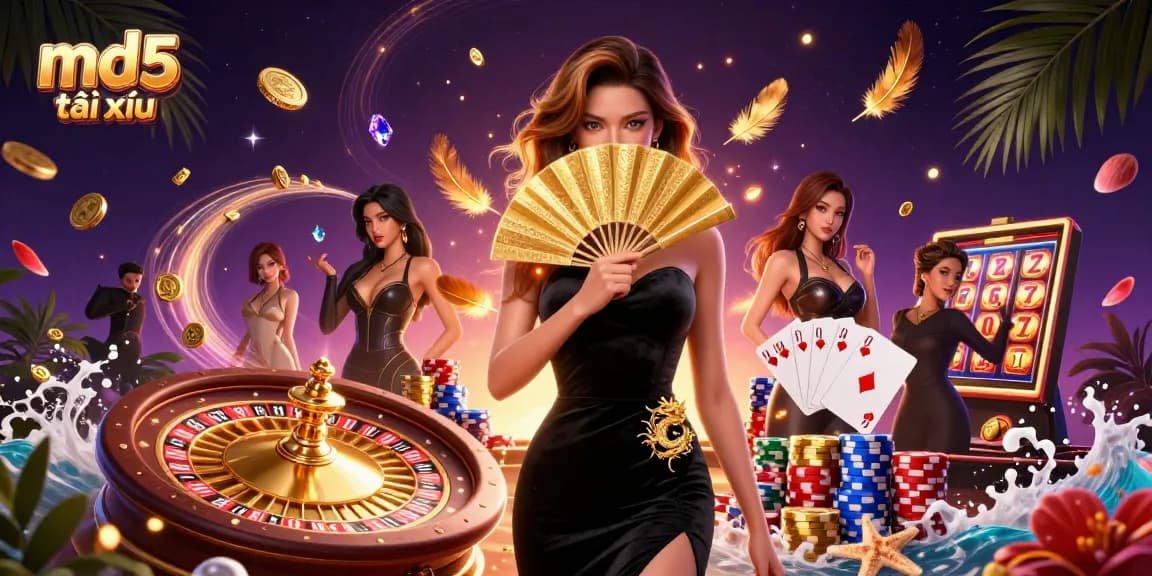 Experience the captivating world of md5 tài xỉu with enchanting characters among spinning roulettes and winning gems.