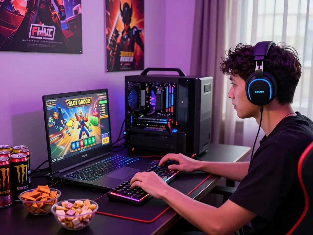 A player enjoying SLOT GACOR online gaming on a modern laptop with energetic atmosphere and vibrant setup.