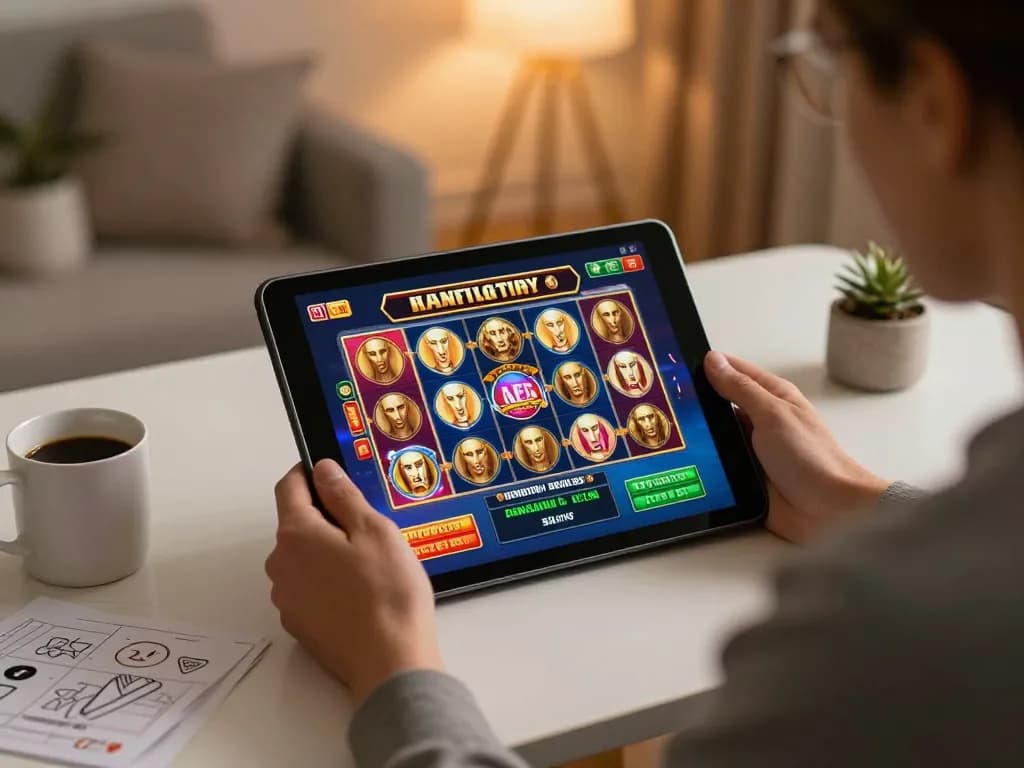 Nohu90 player enjoying online slots at home with tablet, coffee, and strategy notes.