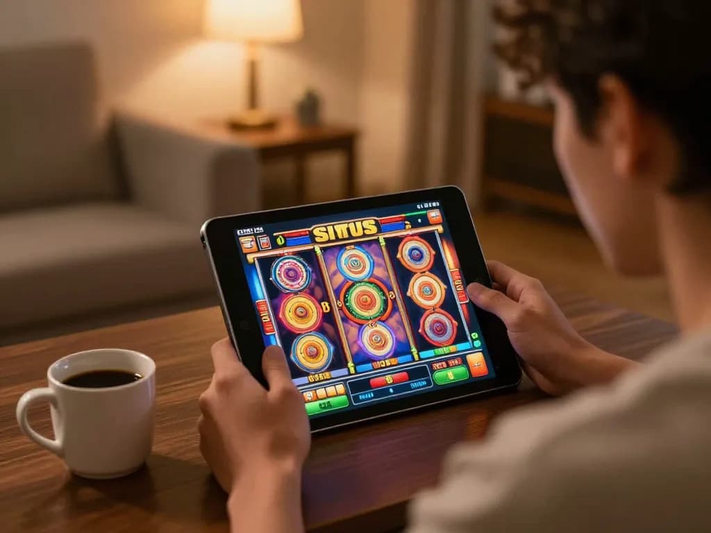 Player enjoying situs slot game on tablet in cozy home setting with engaging graphics.