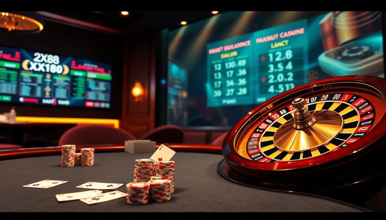 Experience the excitement of gambling at XX88 with a luxurious casino scene featuring poker and roulette.