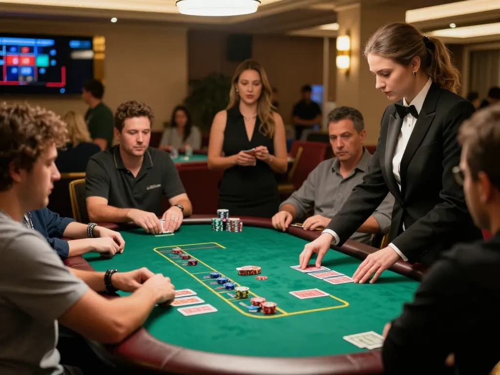 RIKVIP players enjoying an exciting poker game with a live dealer at a casino.