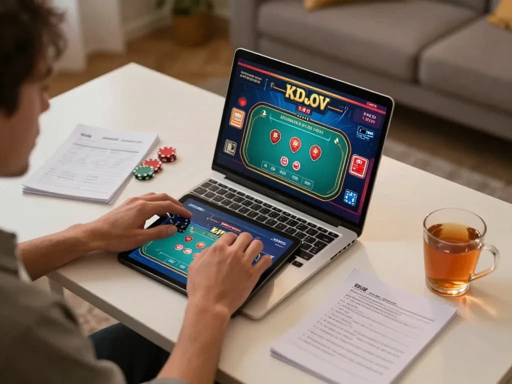 Player engaging with 777VIP online casino on their laptop showcasing vibrant graphics and strategic betting notes.