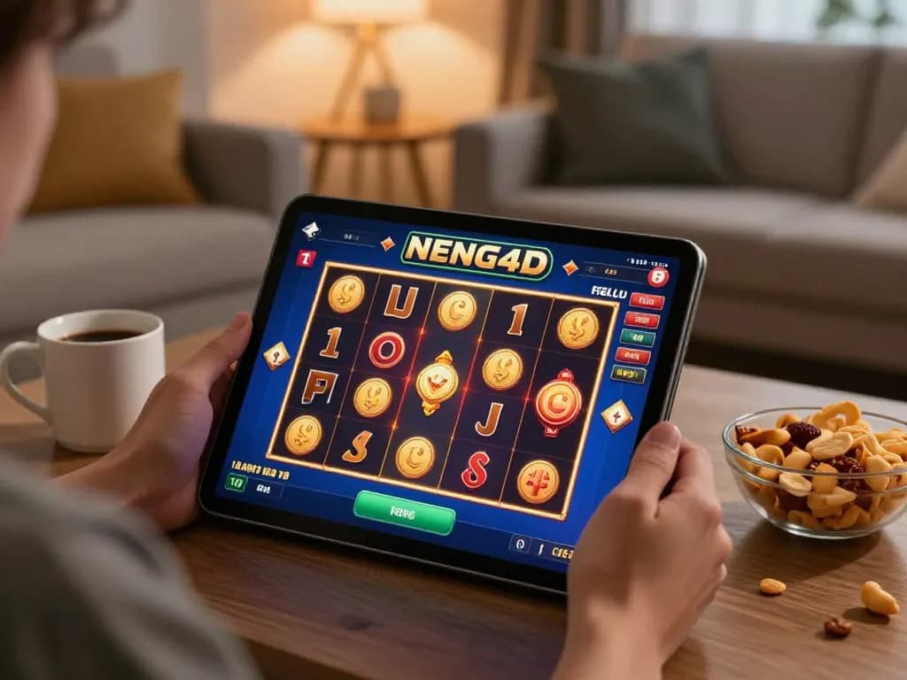 Engaging with NENG4D online slots on a tablet in a cozy home environment, showcasing vibrant game interface and strategic gameplay.