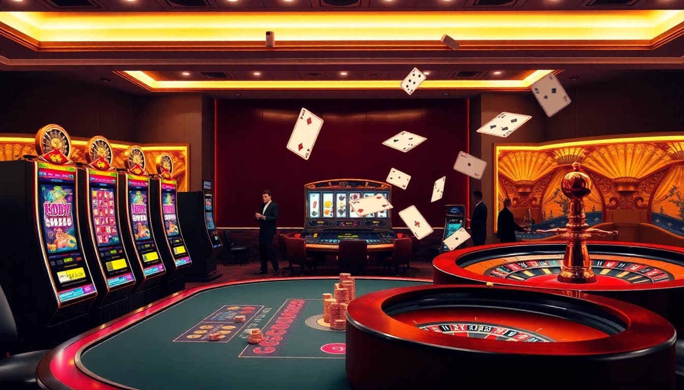 Players enjoying thrilling games at shbet's luxurious casino, featuring vibrant slots and poker.