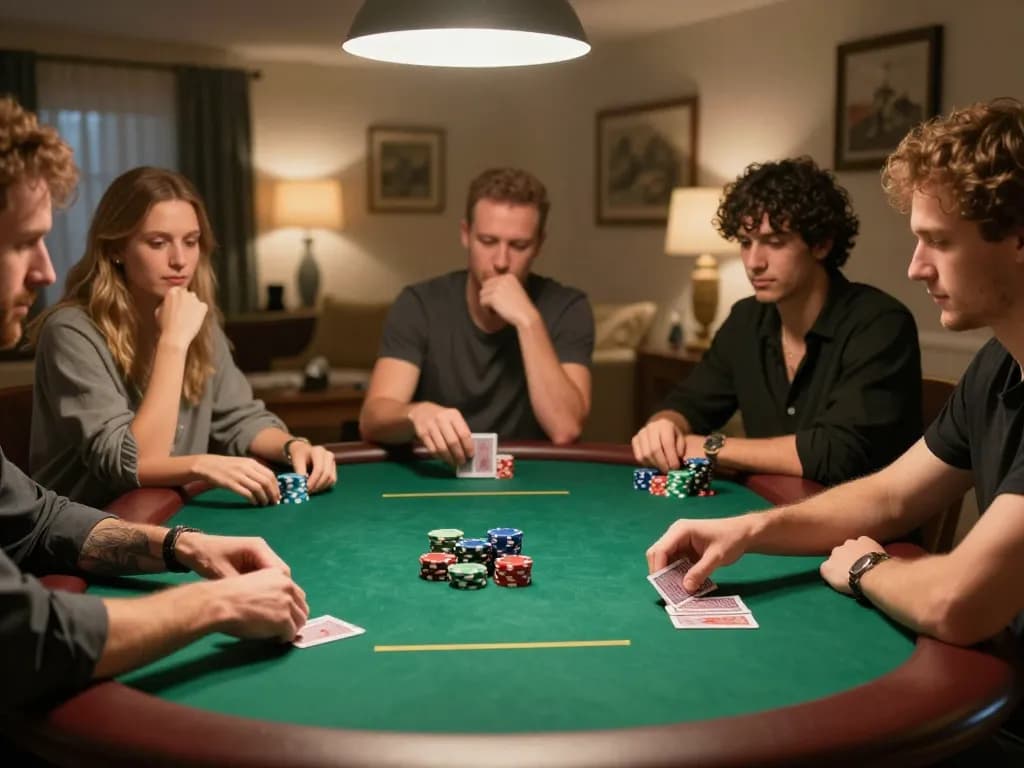 IWIN68 players strategizing in a social poker game at home, showcasing chips and cards in action during an engaging night.