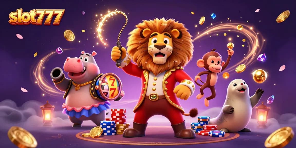 Experience thrilling slot777 gameplay with an engaging circus-themed 3D illustration showcasing dynamic characters and casino elements.