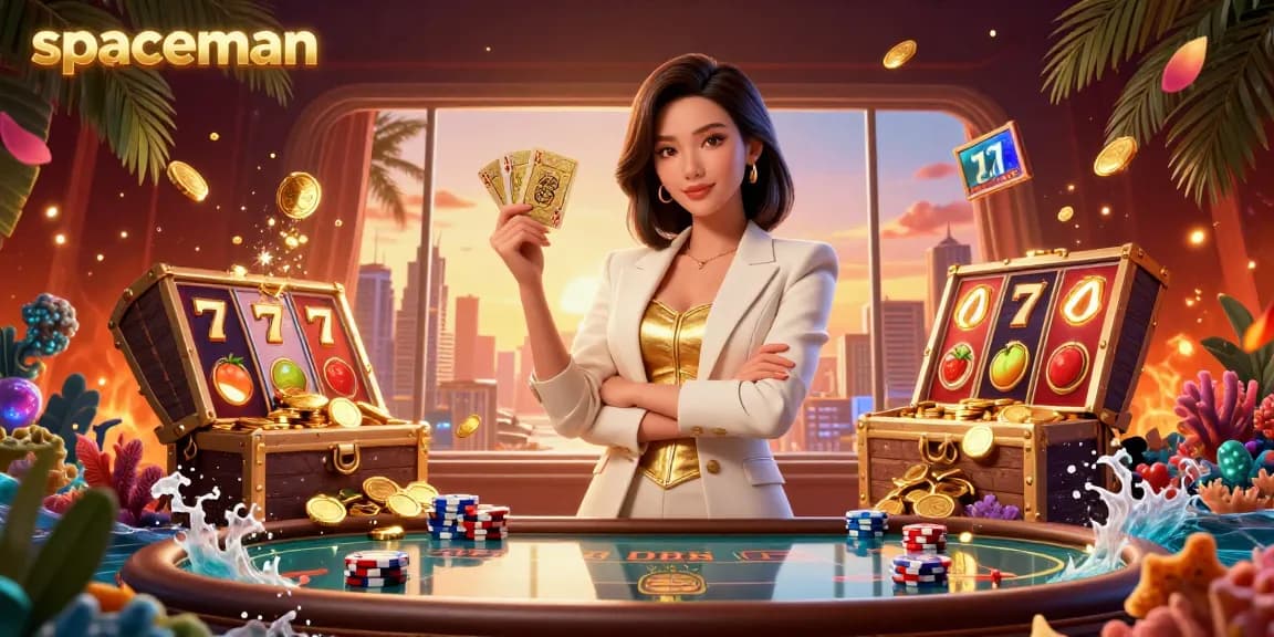 The spaceman slot game features an elegant Asian woman with a golden deck of cards amidst dynamic casino elements, creating winning opportunities.