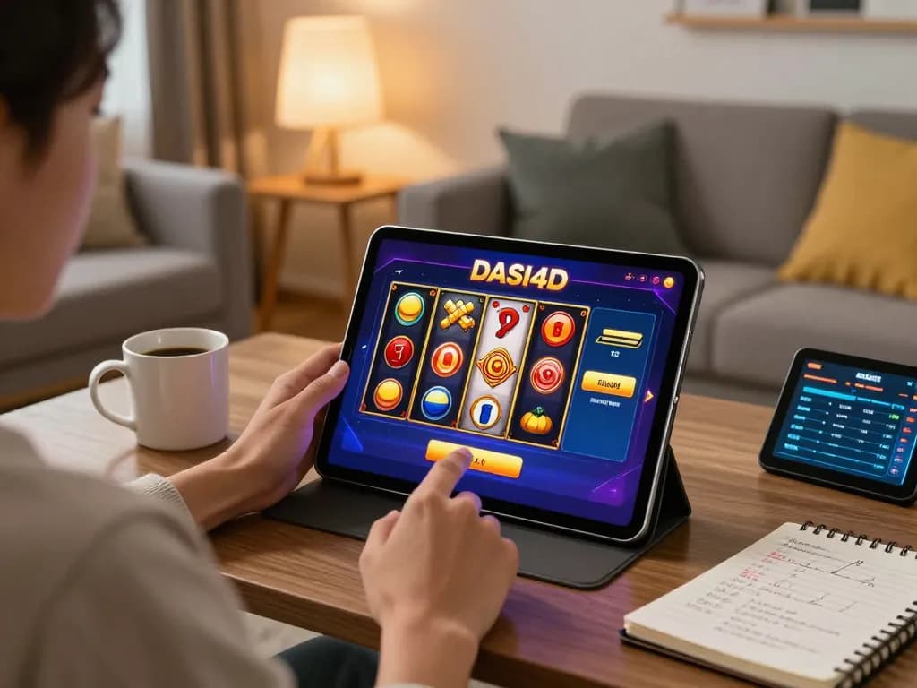 Antarmuka slot DASI4D ditampilkan di tablet, memperlihatkan permainan online yang hidup di ruang tamu yang bergaya.