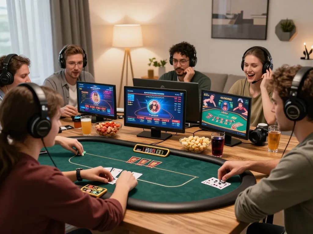 Friends playing online poker at home showcasing bk8 gaming excitement with cozy atmosphere.