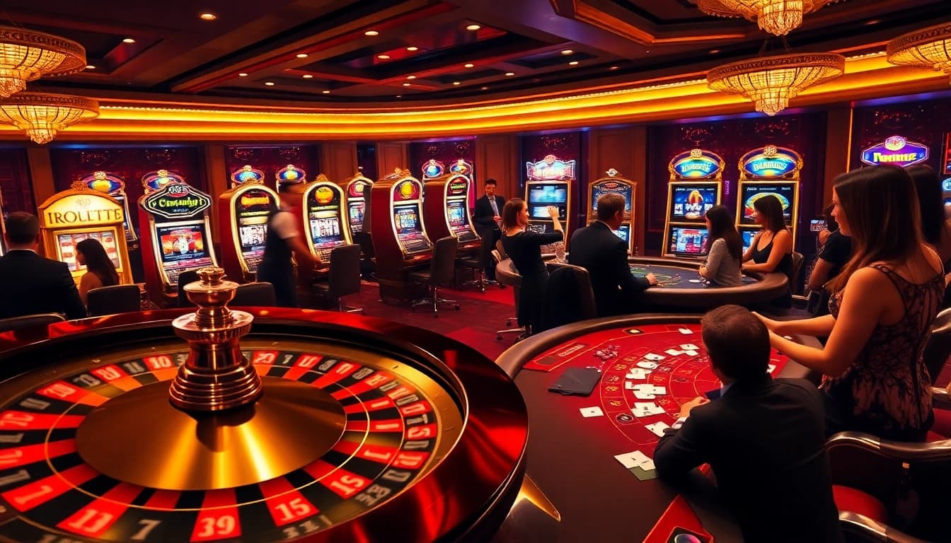 Experience the thrill of gaming at BG Casino with players engaging at tables and vivid slot machines.