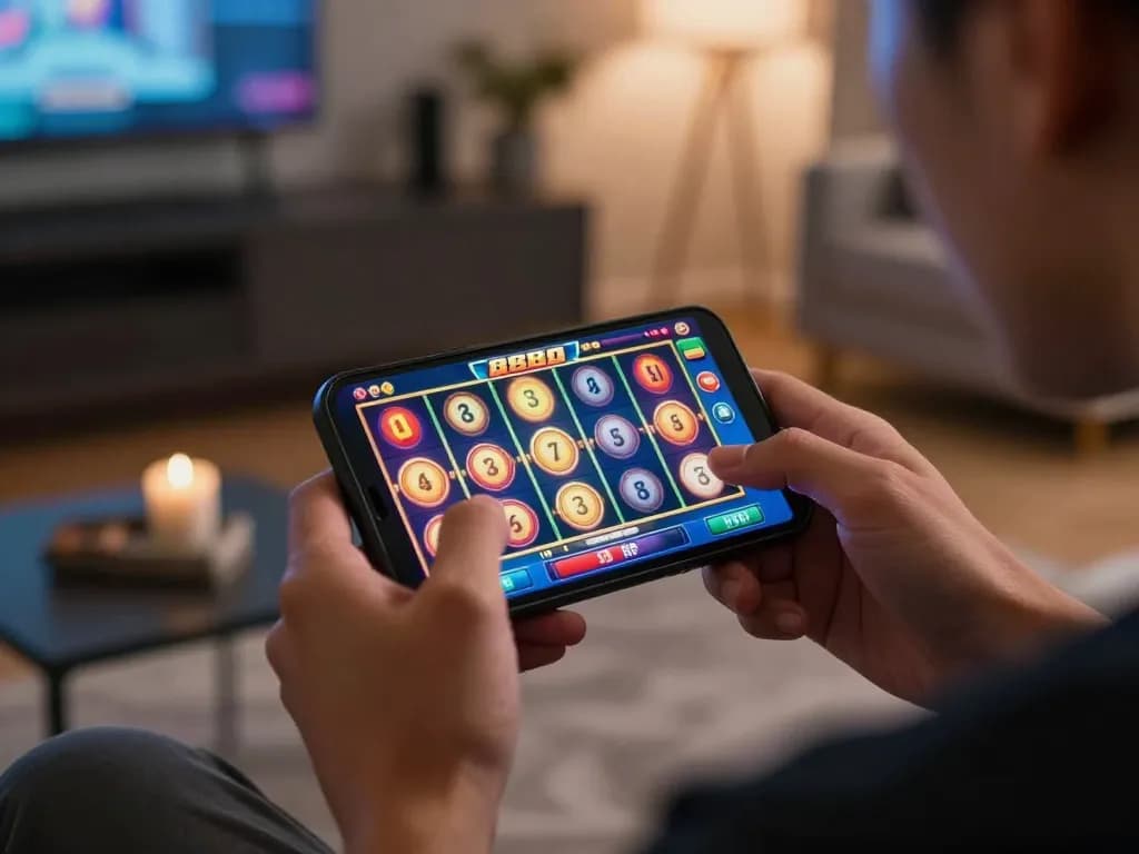 Engaging in a spin on slot88 via smartphone in a cozy home setting, showcasing modern gaming.