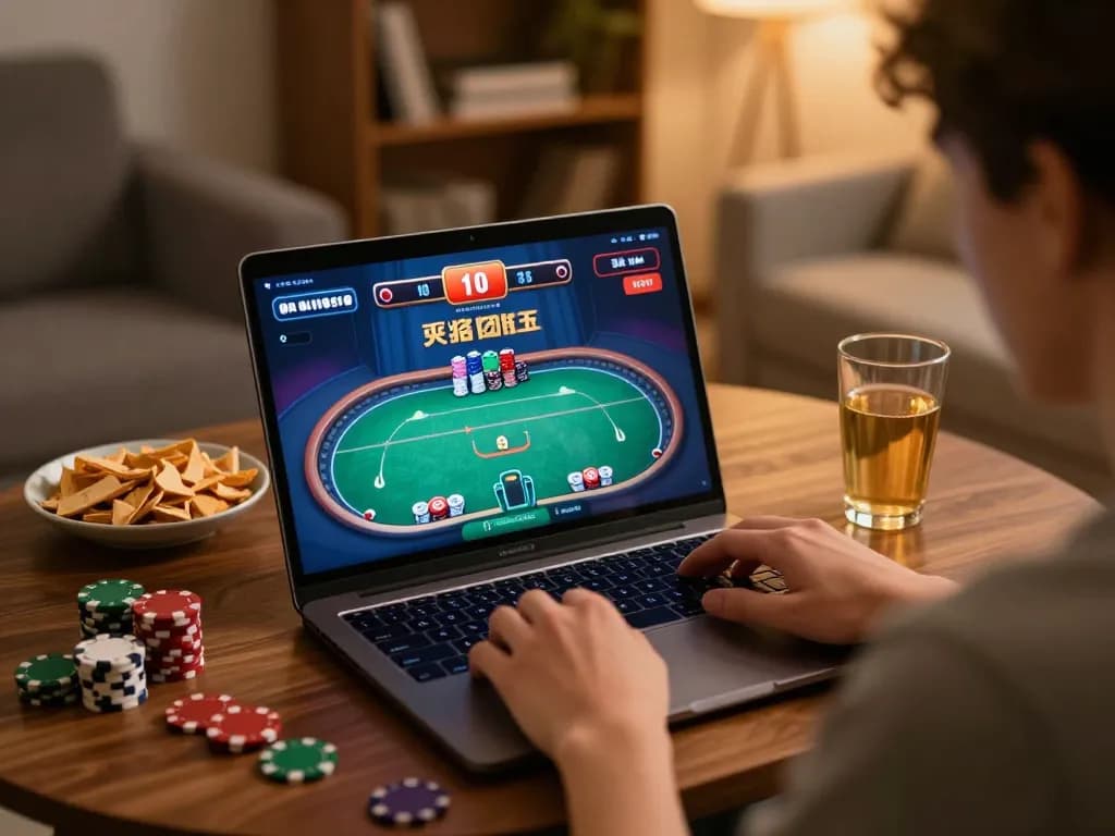 SUNWIN user enjoying online poker gaming at home with laptop and snacks for a strategic experience.