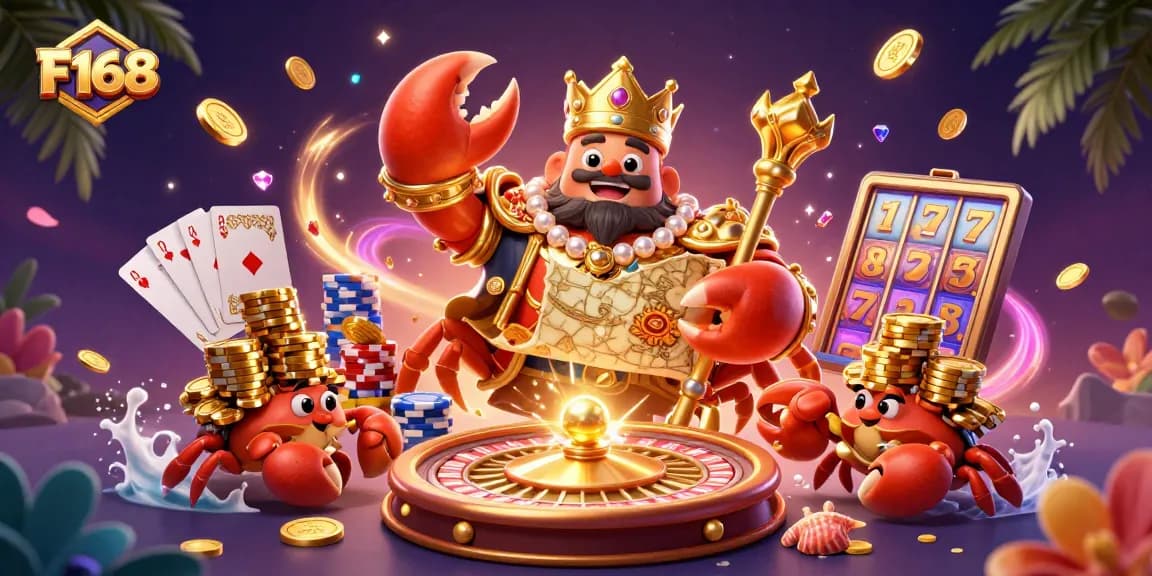 Experience the thrill of F168 with our golden crab emperor and joyous treasures at play.