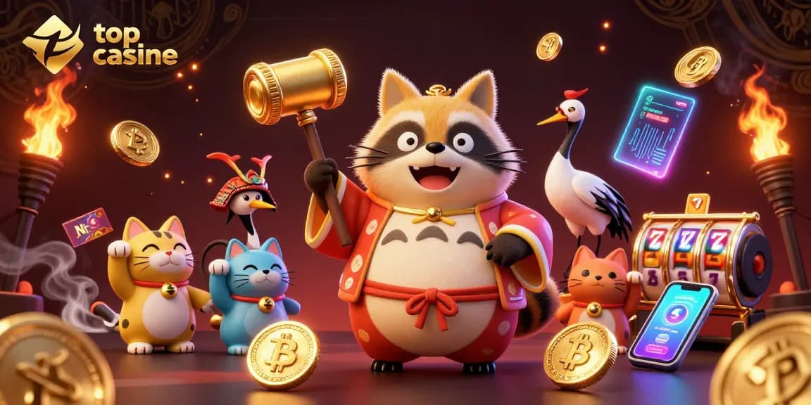 Engage with the top online casinos through vibrant characters, crypto coins, and festive elements in this captivating illustration.
