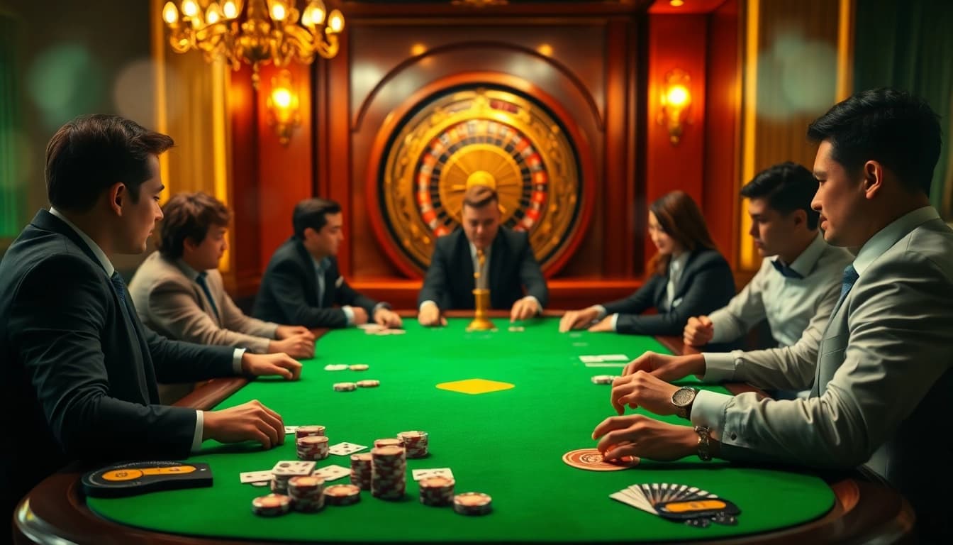 Experience an exciting poker game at https://luckywin.fan/, showcasing vibrant colors and luxury.