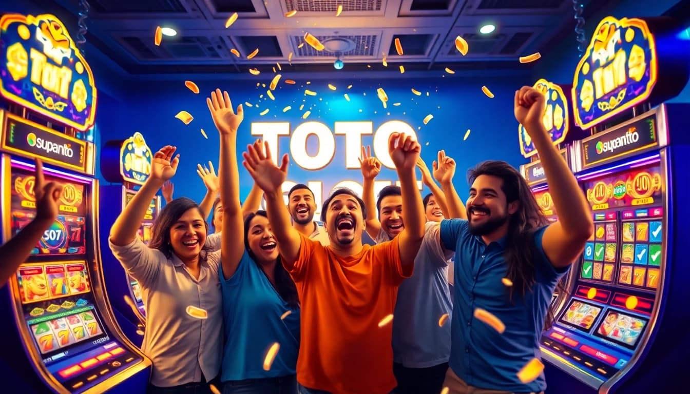 Exciting celebration of asupantoto online slot gaming with diverse players surrounded by vibrant digital interfaces.
