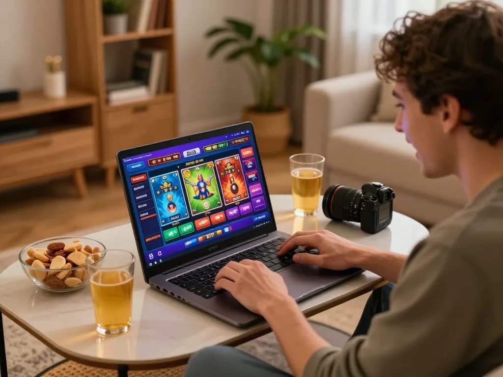 SUNWIN user enjoying an exciting online gaming experience at home, featuring vibrant gaming setup.
