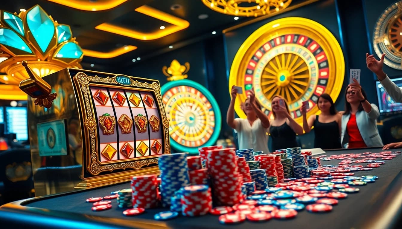 Experience thrilling wins at juragan77 with vibrant slot machines and poker chips.