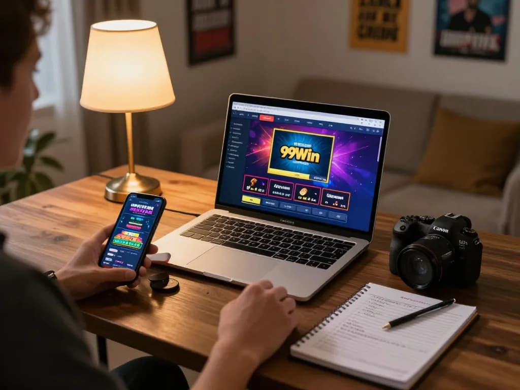 Engaging online gaming at 99Win with a laptop and smartphone in a cozy home setup