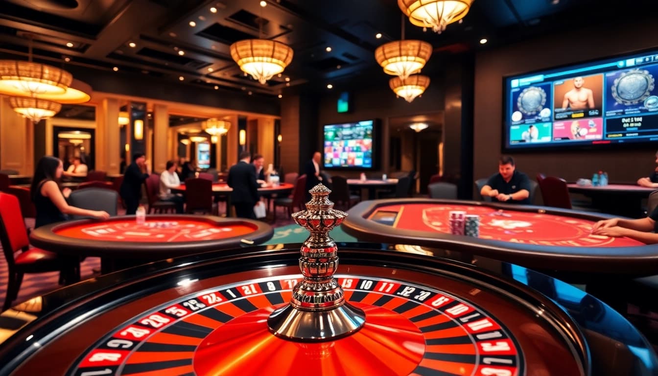 SODO Casino vibrant gaming atmosphere featuring roulette, poker tables, and enthusiastic players.