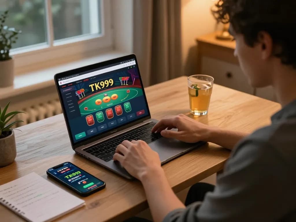 Engaged player strategizing on TK999 poker app during cozy online gaming session