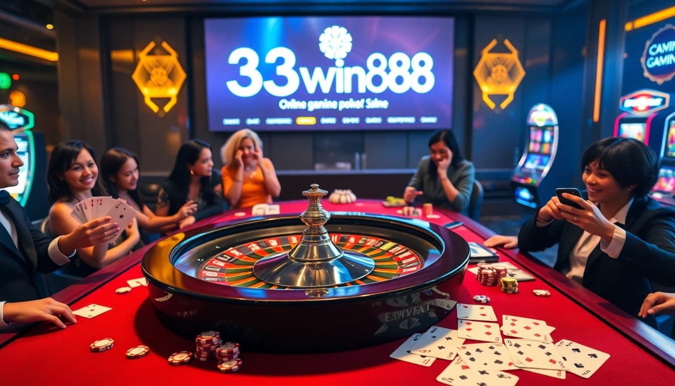 Experience the thrill of casino gaming at 33win68 with vibrant poker tables and roulette wheels.