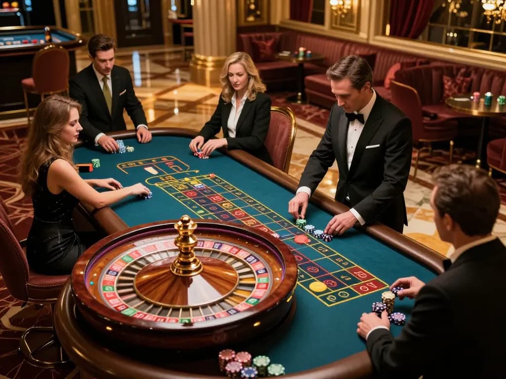 Rasakan kegembiraan KING55 saat pemain terlibat di meja roulette mewah, permainan dinamis di kasino yang penuh warna.