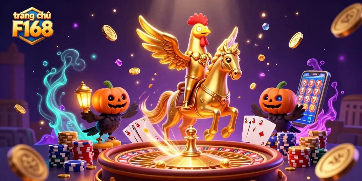 Experience the thrilling world of trang chủ F168 featuring golden rooster characters amidst vibrant casino elements.