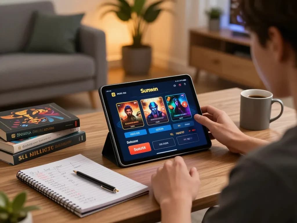 Player enjoying the Sunwin app in a cozy home setup while strategizing their next move.