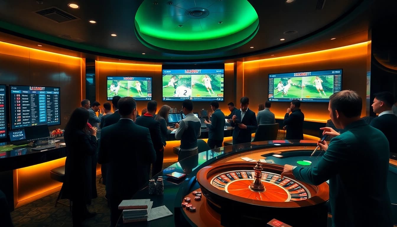 Situs Judi Bola showcasing an upscale betting scene with eager gamblers and live odds displays.