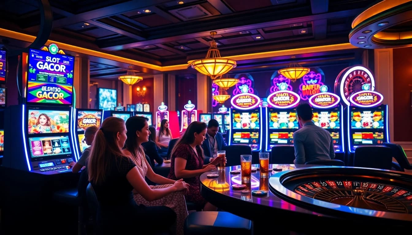Experience Slot Gacor excitement with vibrant slot machines and players enjoying their game.