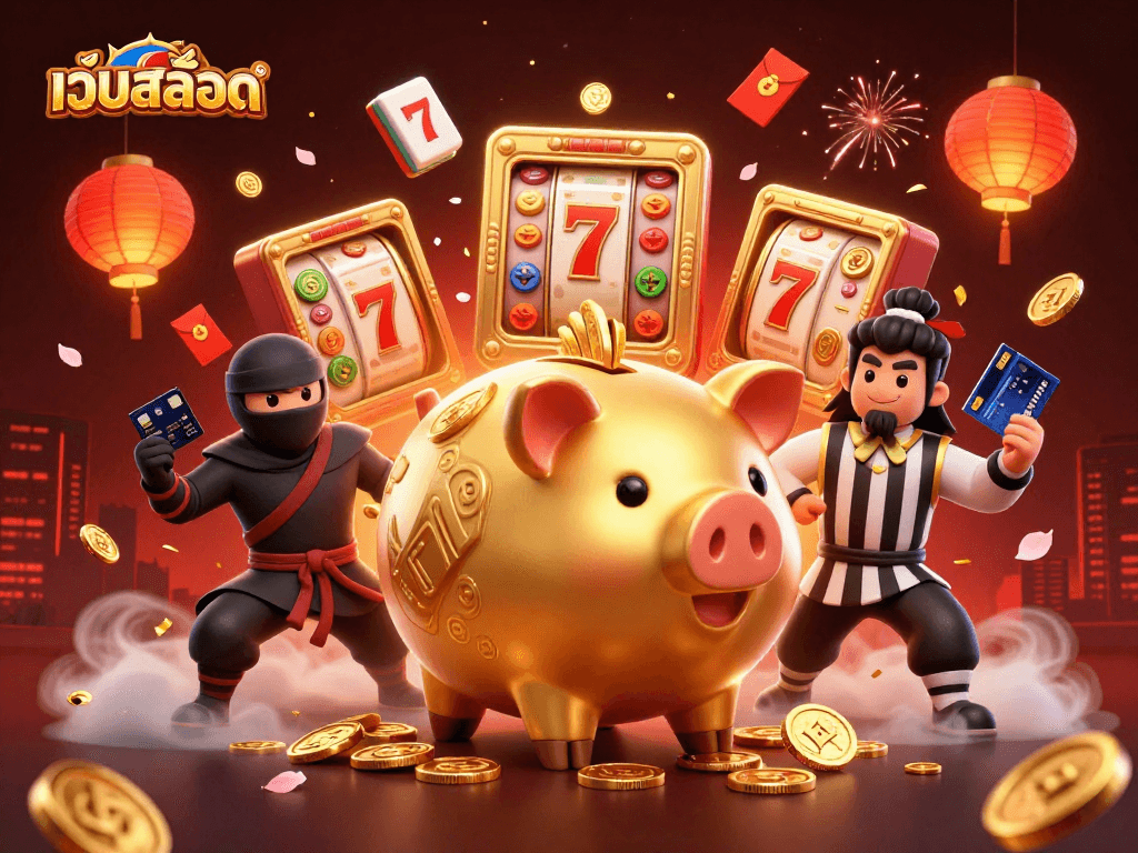 Immerse in เว็บสล็อต excitement with a golden piggy bank sumo wrestler creating a jackpot frenzy!