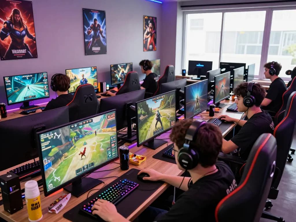 Online gaming enthusiasts engaging in esports at a modern lounge, promoting https://gg88.mov/ for immersive gaming experiences and community.