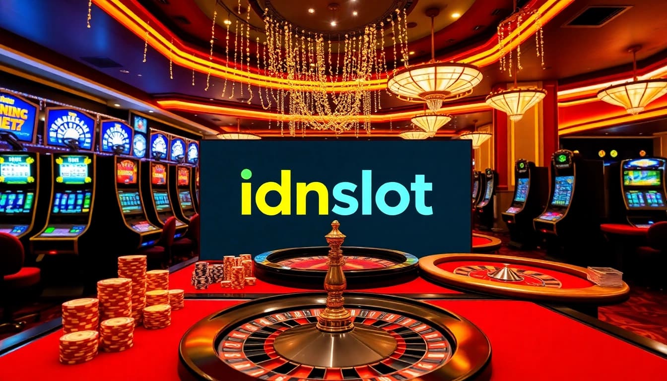 Exciting idnslot gaming scene featuring luxurious slot machines and poker chips.