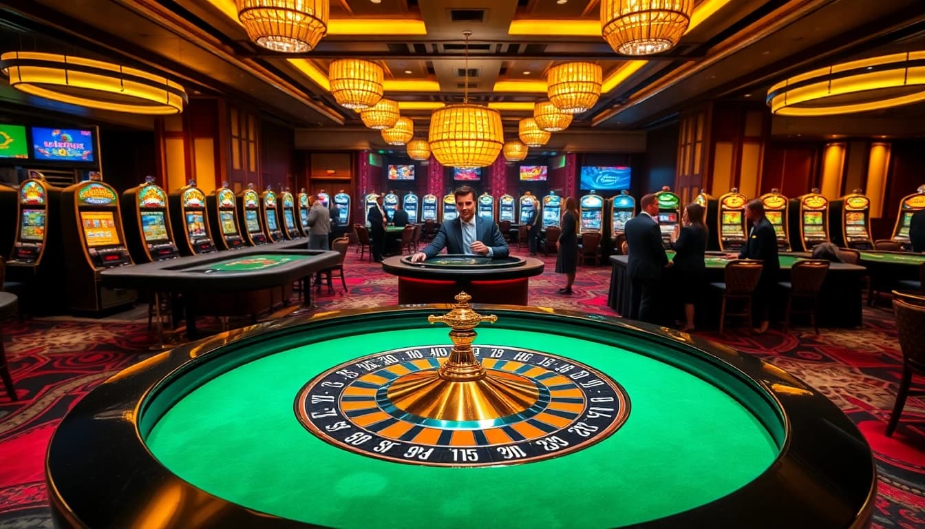 Exciting casino scene featuring LUCK8 roulette table and players engaged in high-stakes poker.